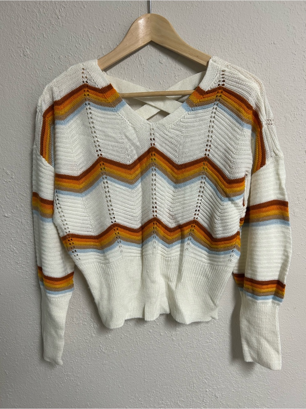 FCT With Love Retro 70s Chevron Knit Pointelle Criss Cross Back Sweater M L
